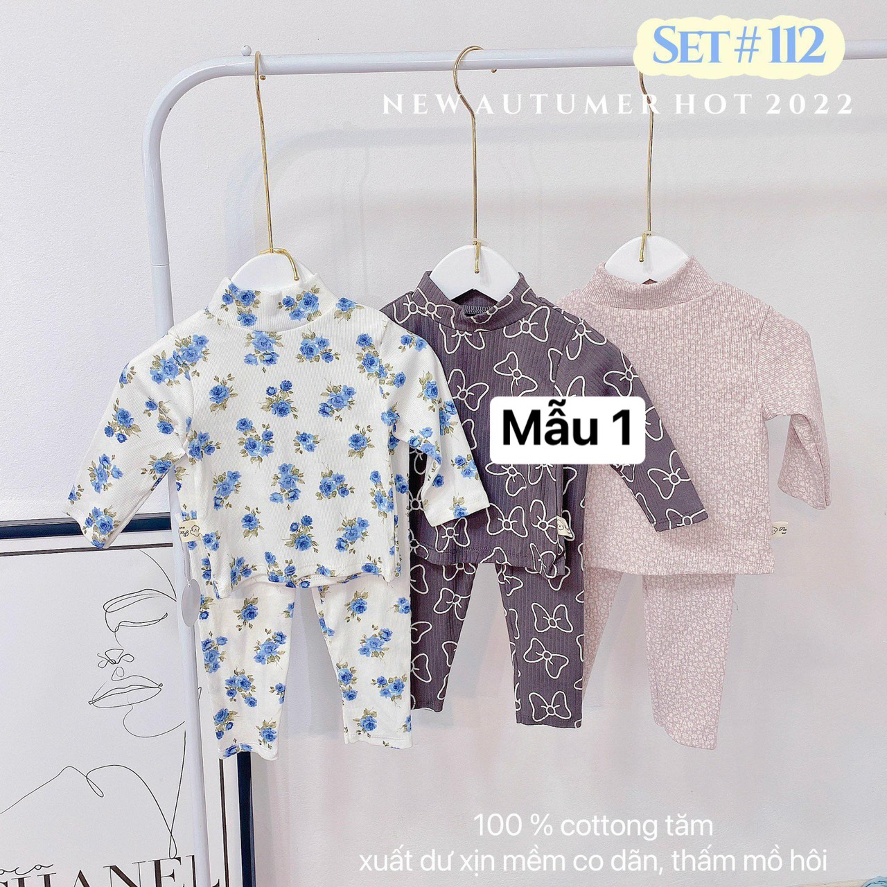 NT086 Bộ cotton thun tăm Peekaboo cổ cao 3 phân dày dặn cho bé gái, hoạ tiết hoa nhí cực xinh