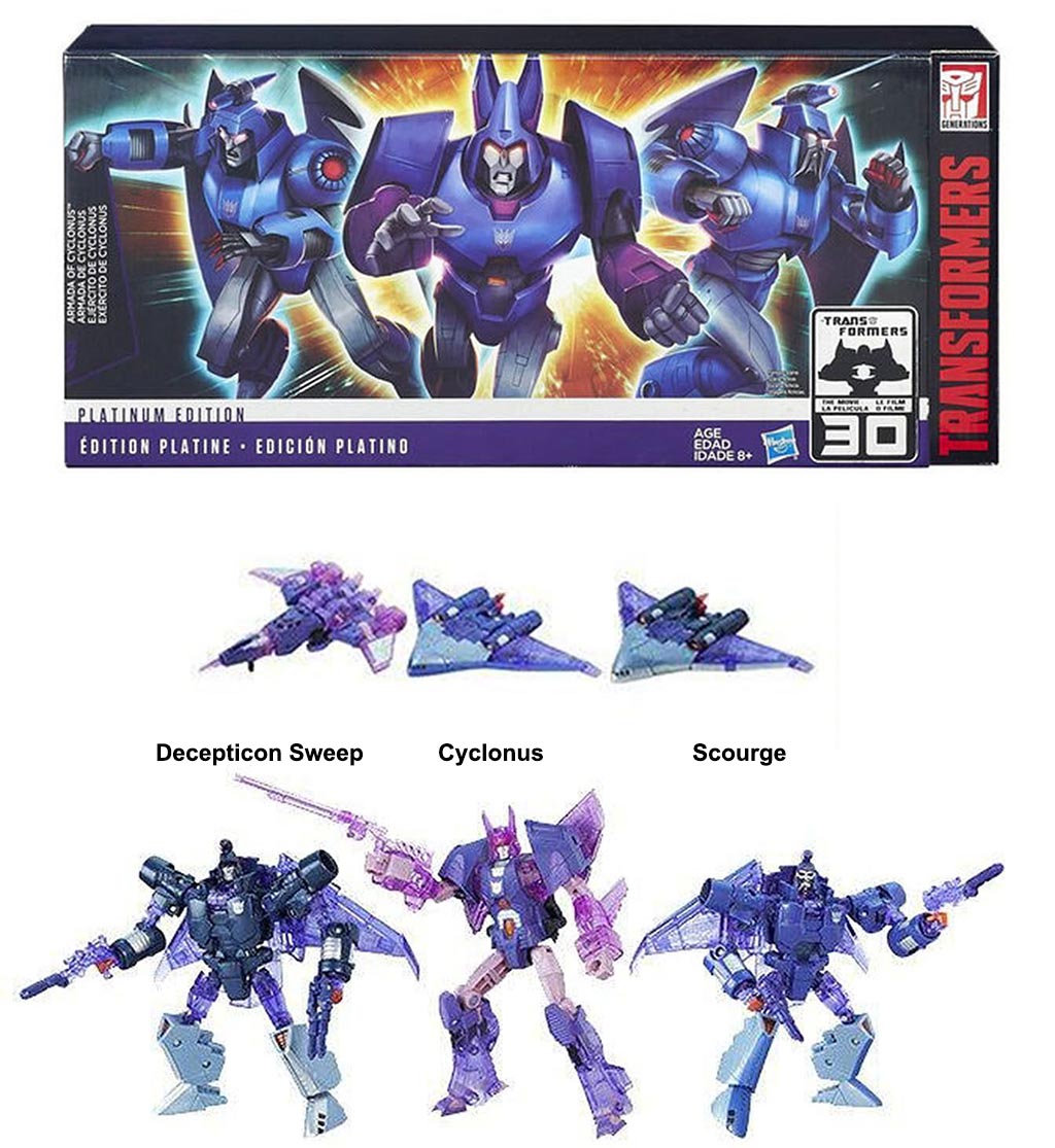Bộ đồ chơi Robot Transformers Platinum Edition gồm 3 Robot Armada Of Cyclonus - Scourge và Decepticon Sweep (Box)
