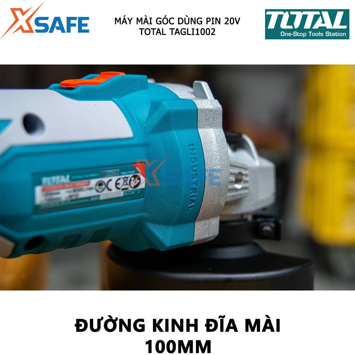 Máy mài góc dùng pin TOTAL TAGLI1002 máy cắt vật liệu xây dựng cầm tay không chổi than, dùng pin 20V có tốc độ không tải:9000/min hiệu suất caotại