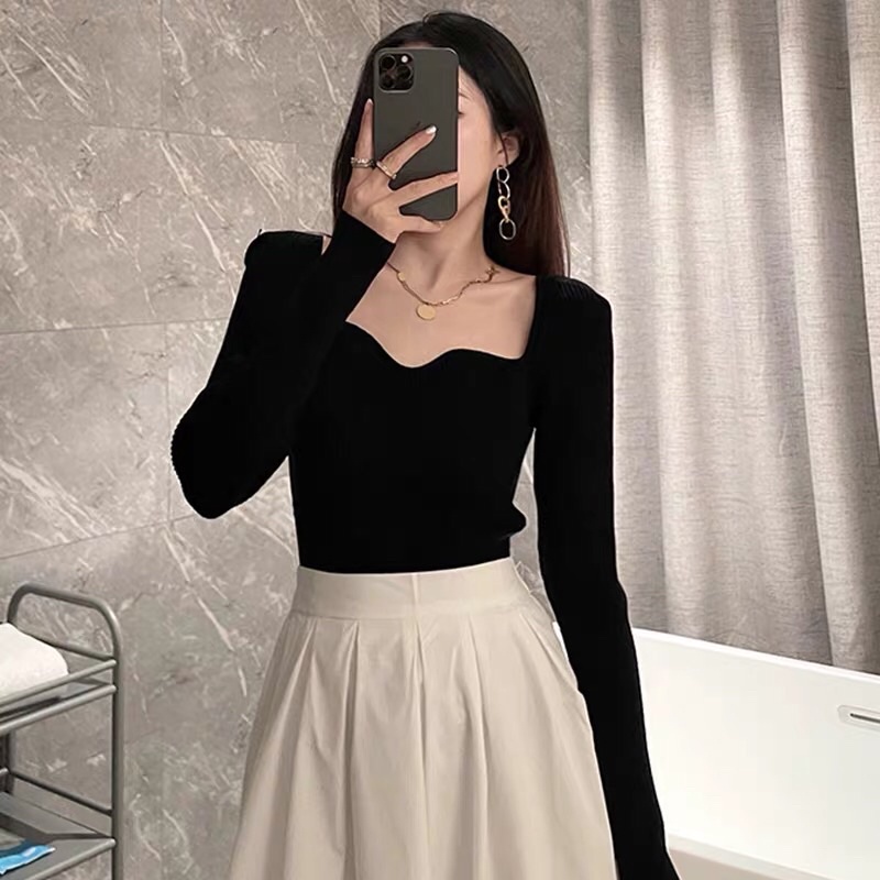 Áo kiểu thun croptop nữ tay dài phong cách tiểu thư