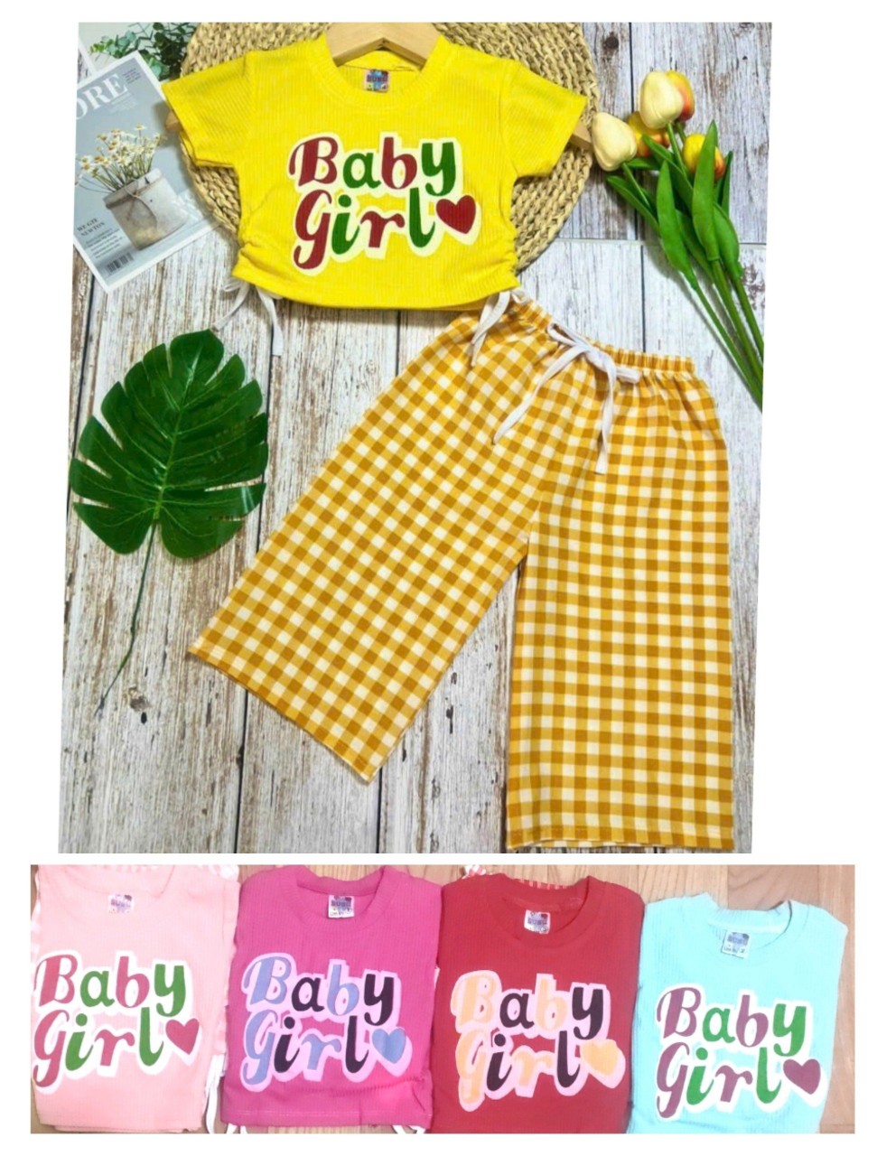Bộ Thun Gân Phối Quần Lụa Ống Rộng Bé (6-14kg) (giao màu ngẫu nhiên)