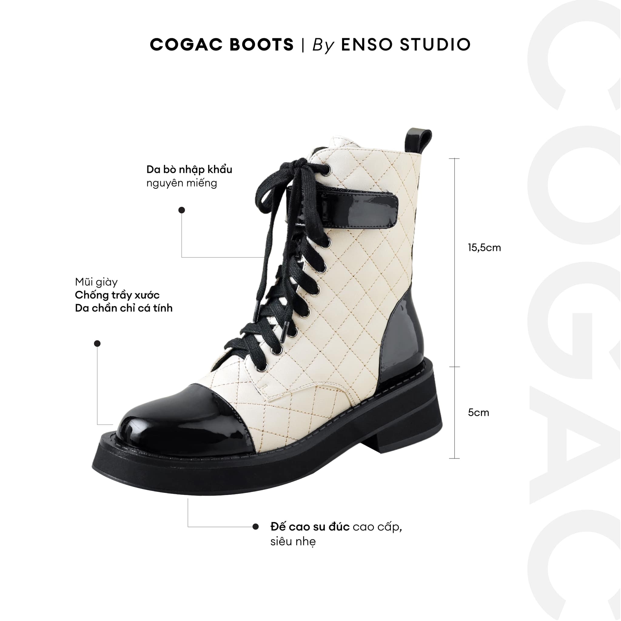 ENSo - Boots Da Thật Màu Trắng Mix Đen COGAC Đế Cao 5 cm