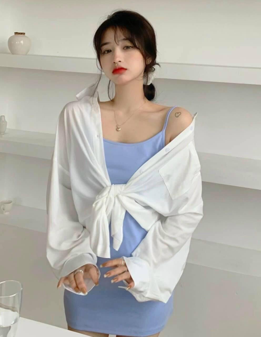 Váy 2 dây xanh áo sơ mi , váy 2 dây xinh xắn mix áo sơ mi ad123