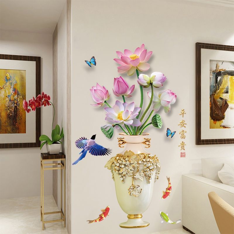Decal dán tường sẵn keo dán bình hoa sen đẹp