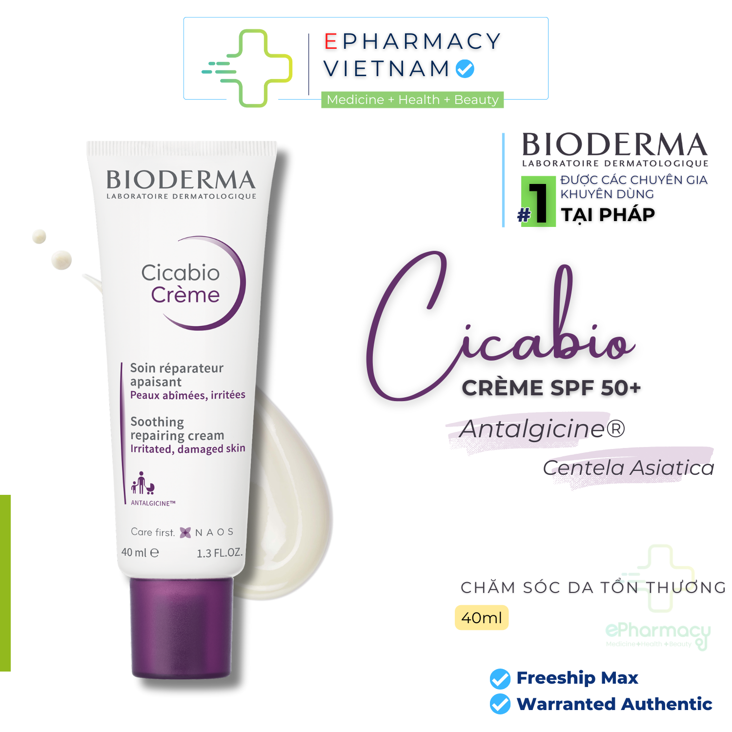 Kem dưỡng phục hồi da tổn thương Bioderma Cicabio Crème 40ml