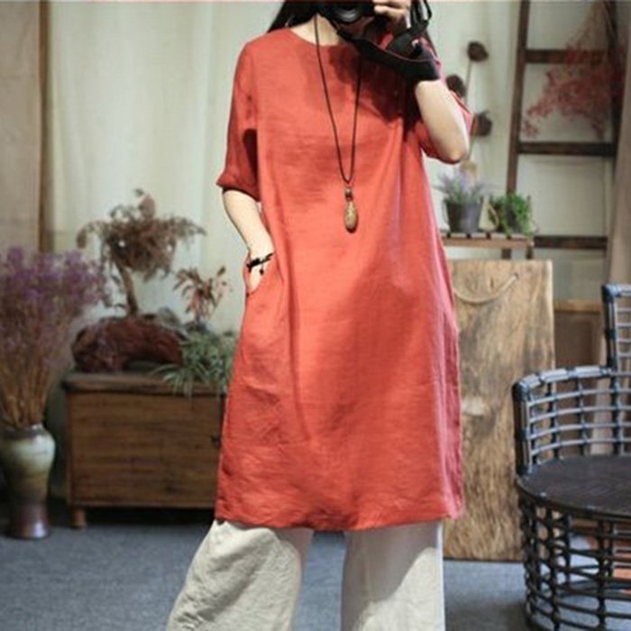 HOÀN TIỀN 20% - Sét bộ Đầm suông Linen bột Premium cổ tròn tay lỡ xẻ tà gấu kèm quần ống rộng