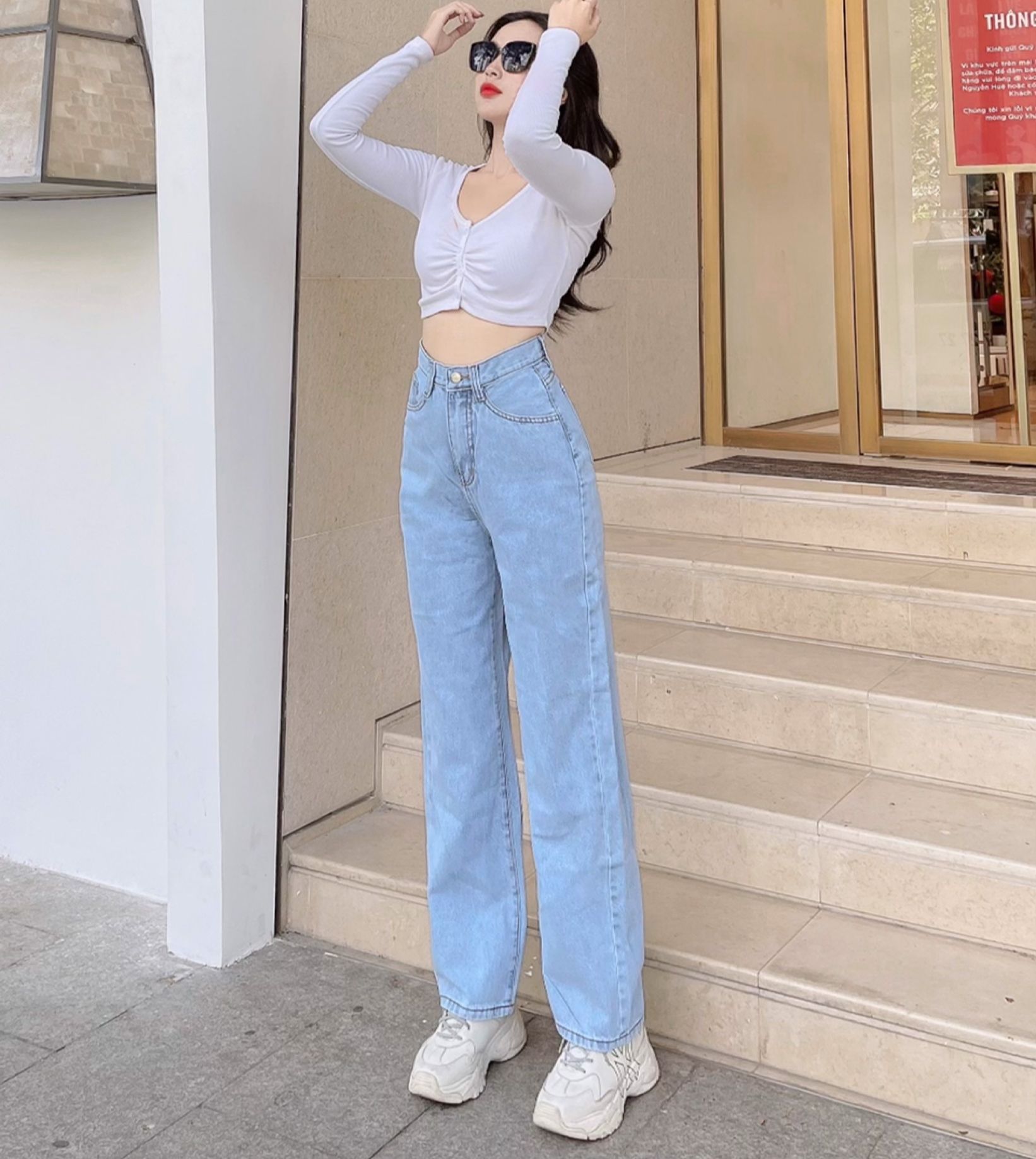 QUẦN JEANS ỐNG RỘNG NỮ LƯNG CAO TRƠN MÀU XANH NHẠT CAO CẤP HADI LAI CUỐN ĐỈNH CAO THỜI TRANG PHÁ CÁCH HOT HIT
