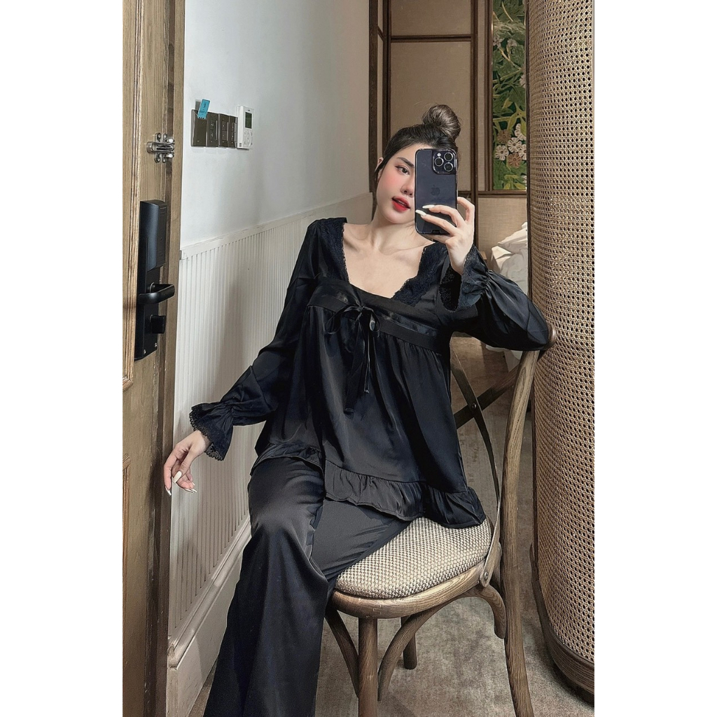 Đồ bộ tiểu thư cổ U nơ lụa latin - Hàng thiết kế