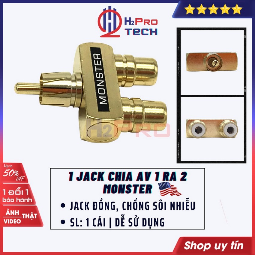 1 jack chia av 1 ra 2 monster giắc đồng, bền cao cấp chống nhiễu-sôi, rắc chia av/rca 1 ra 2 chân thẳng-h2pro tech