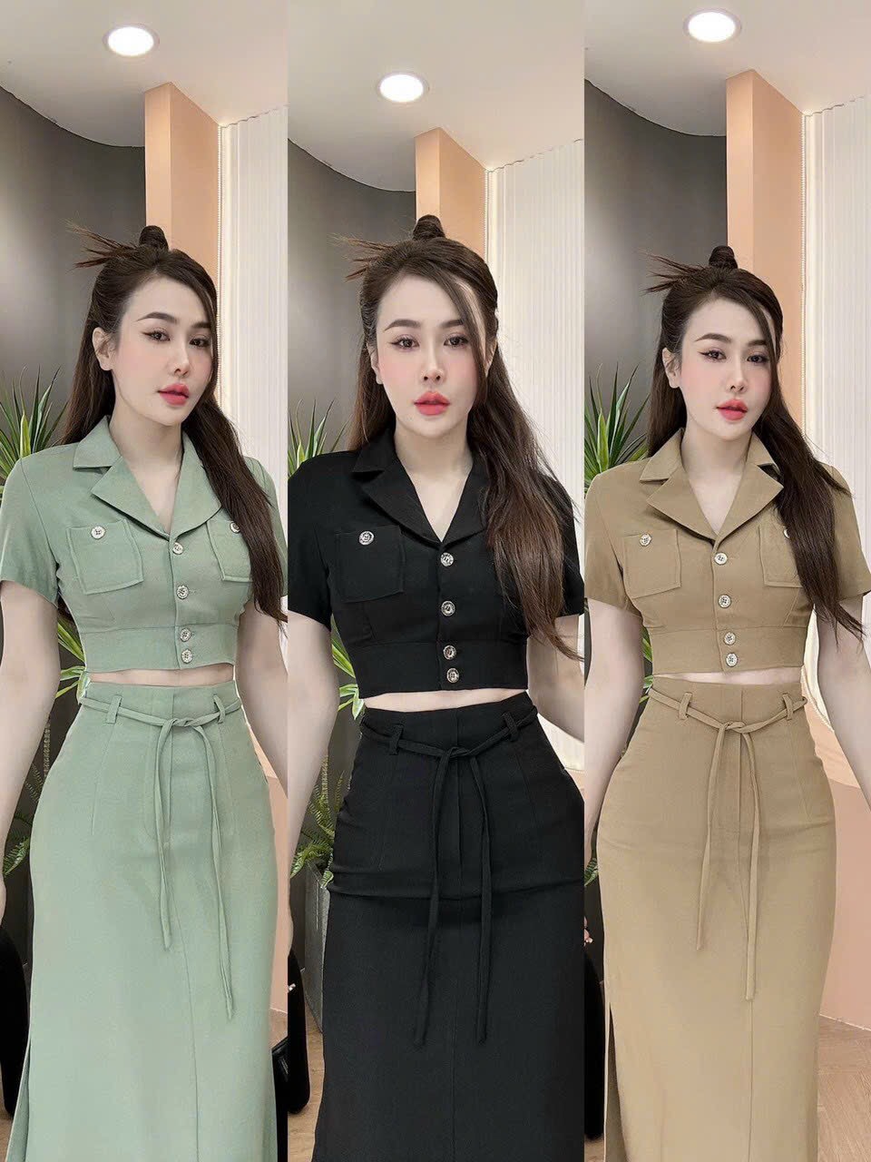 Set Áo Croptop Thiết Kế Đính Nơ Mix Chân Váy Chữ A Lưng Cao Tt - Be