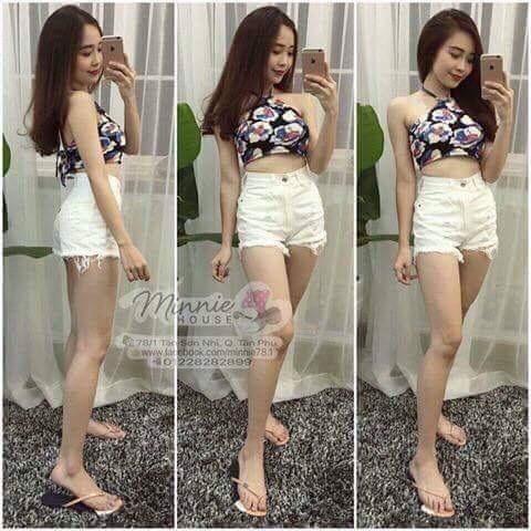 Quần short jean nữ rách trước + đen - trắng + tua lai 001