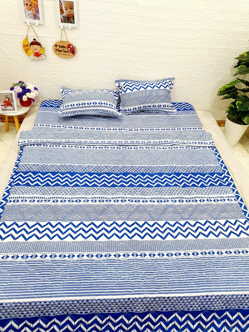 Bộ chăn ga gối cotton poly - thổ cẩm trắng tiệm nhà cá