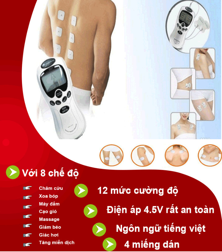 Máy massage trị liệu xung điện 4 miếng dán, Máy Matxa Xung Điện,Máy massage đa năng, Máy Massage Trị Liệu 8 Miếng Dán Đầu Ra Kép Đa Chức Năng