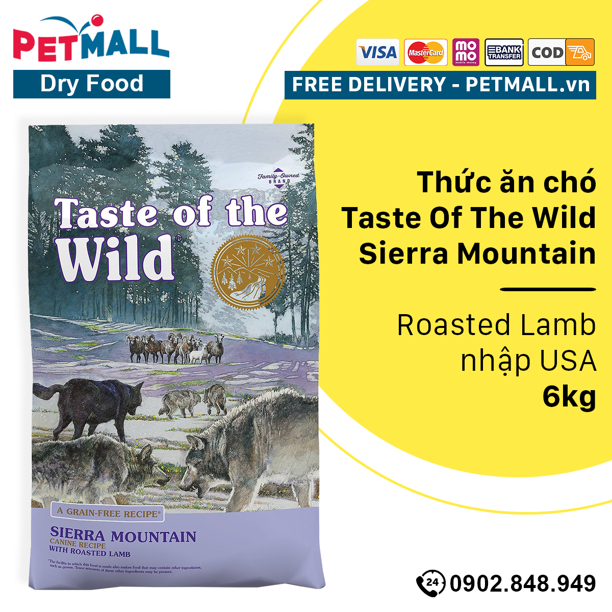 Thức ăn chó Taste Of The Wild Sierra Mountain 6kg - Roasted Lamb Thịt Cừu Nướng - mọi lứa tuổi nhập USA