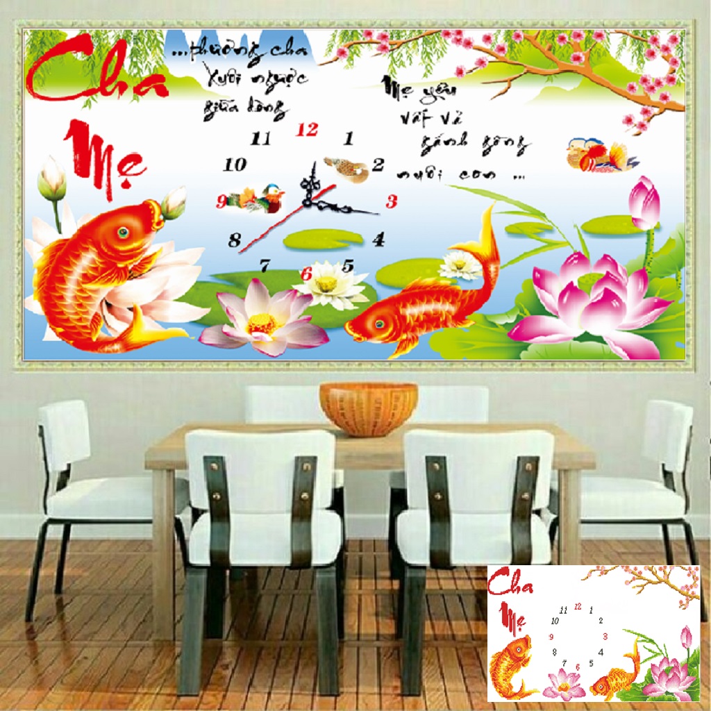 [HCM]Tranh đính đá đồng hồ Cha Mẹ hoa sen VS071 kích thước 82 x 50 cm