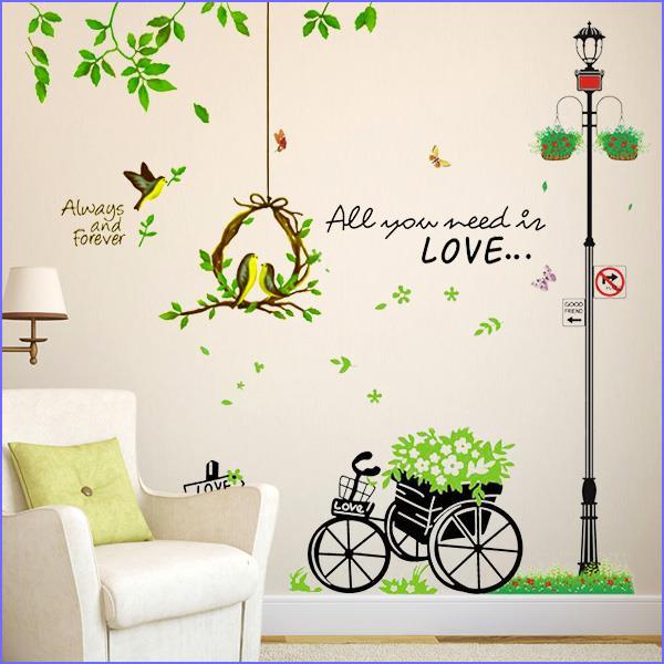 DECAL DÁN TƯỜNG COMBO CÂY ĐÈN, LỒNG CHIM VÀ XE ĐẠP XANH