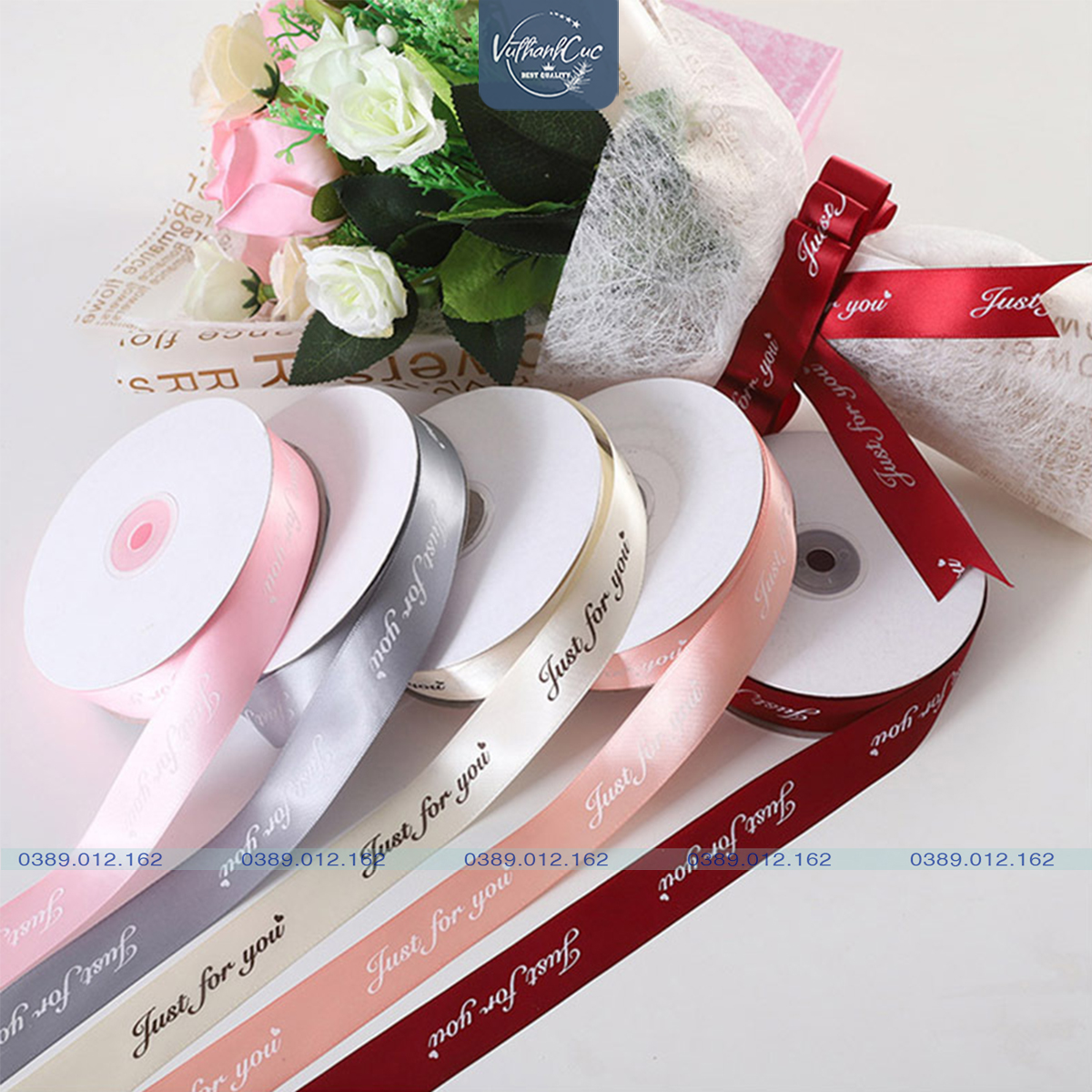 [Cuộn 45m] Dây Ruy Băng Lụa Chữ ❤️JUST FOR YOU❤️ [SIZE 1cm - 2,5cm]
