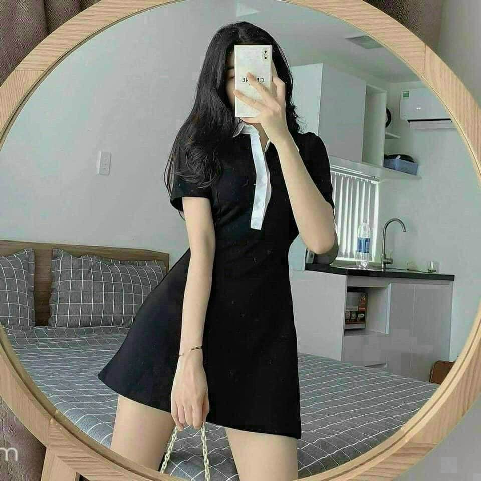 Đầm Cỏ Bẻ Viền Trắng D036
