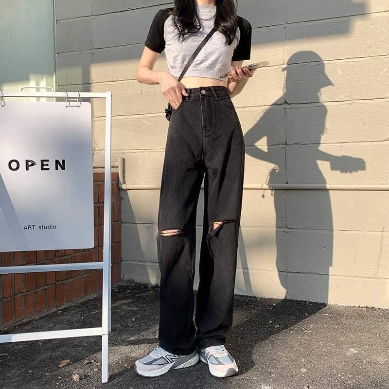 Quần Jean Ống Rộng Đen Rách Gối <Có Bigsize>