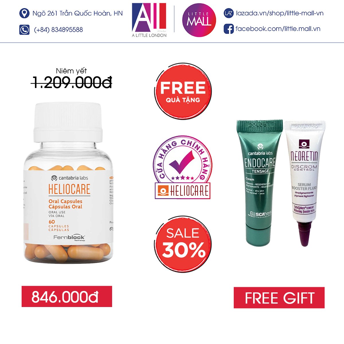 Viên uống chống nắng Heliocare Oral 60 viên TẶNG sample Cantabria (Nhập khẩu)