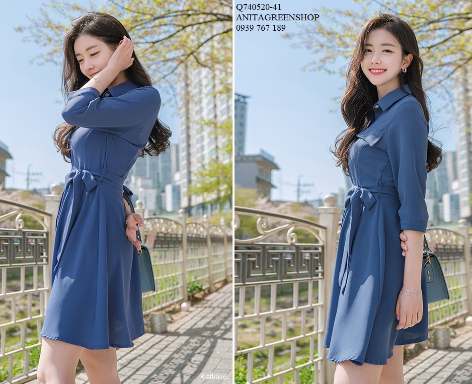 Q740520 ĐẦM VOAN SƠ MI THẮT NƠ EO