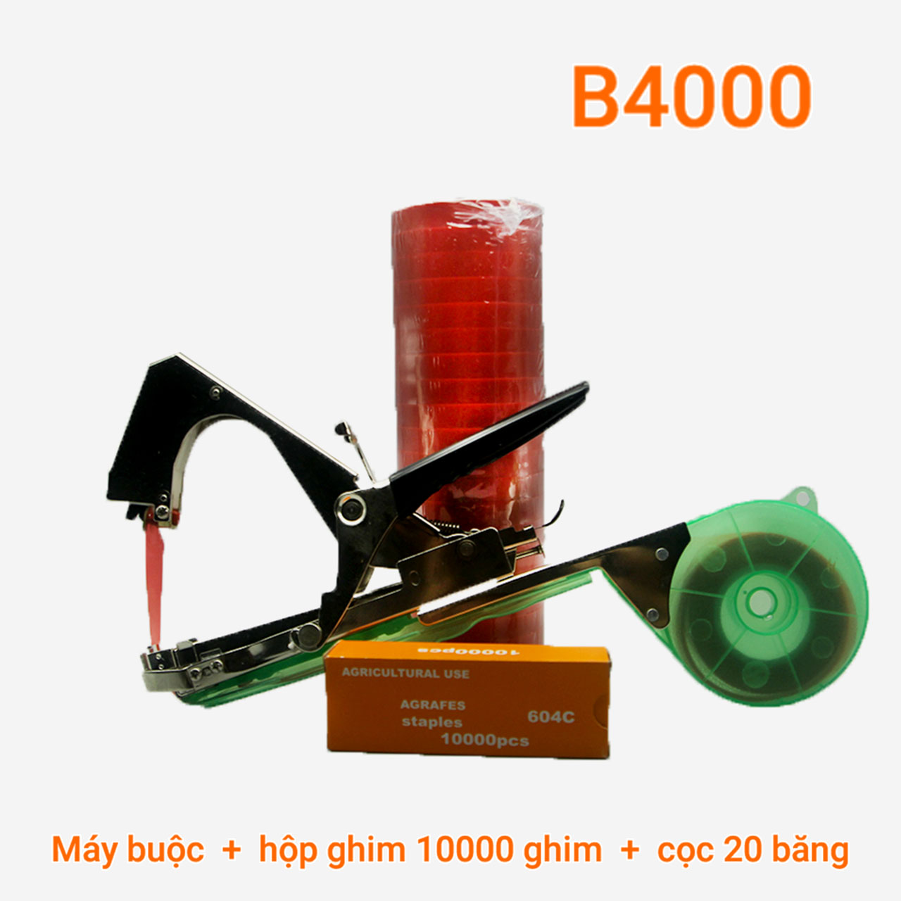 Bộ dụng cụ buộc cành gồm máy buộc cành + cọc 20 cuộn băng keo + hộp 10.000 ghim