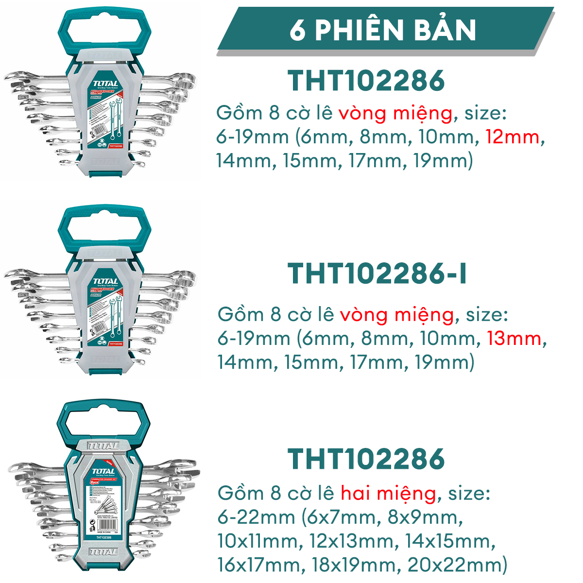 Bộ cờ lê TOTAL nhiều kích cỡ nhiều kiểu dáng thiết kế nhỏ gọn cờ lê chất liệu cao cấp siêu cứng chống rỉ bộ dụng cụ cầm tay sửa xe