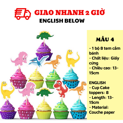 Tem cắm bánh Khủng Long - Dinosaur cupcake toppers kab41