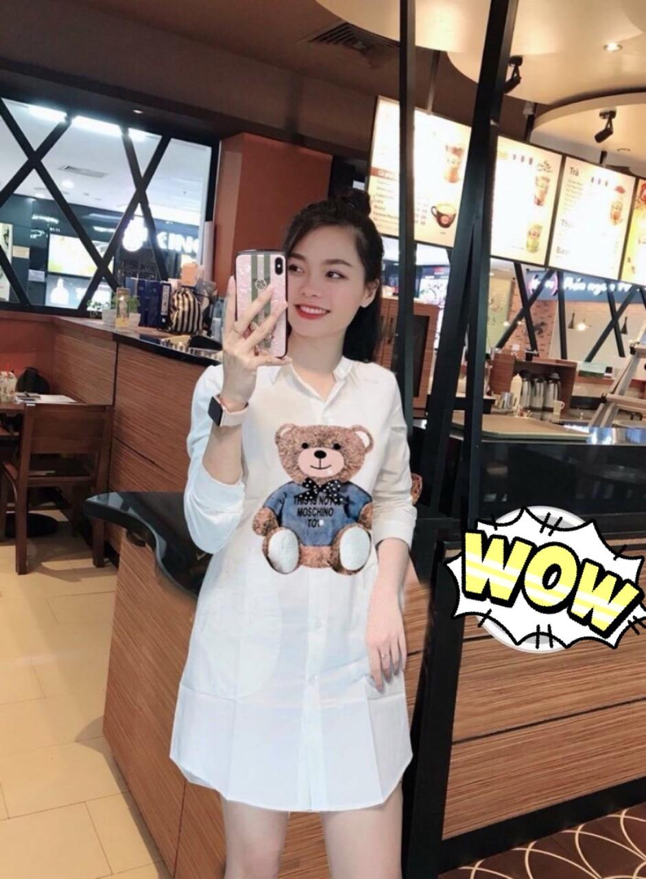 Đầm sơ mi in hình gấu siêu xinh
