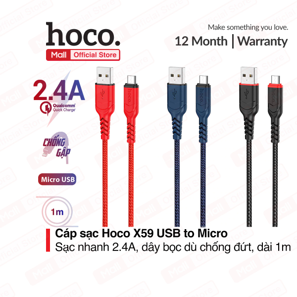 Cáp sạc nhanh Hoco X59 USB to Micro sạc nhanh 2.4A đầu sạc chống gẫy gập đầu sạc chống gẫy gập dài 100cm