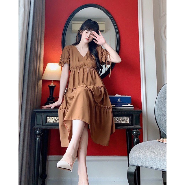 Đầm bầu thiết kế công sở dáng xòe tay nơ