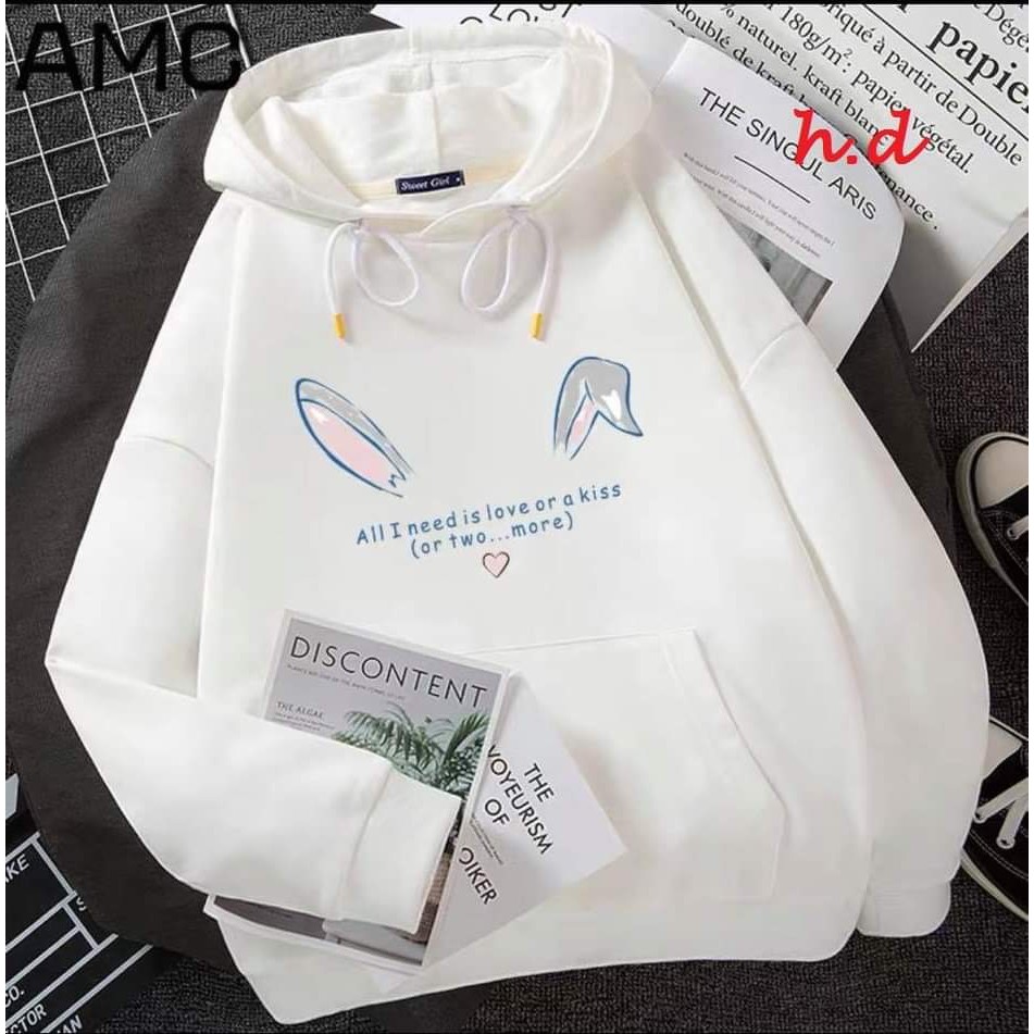 Áo nỉ  HOODIE in hinh họa tiết cao cấp. hình THỎ cute, form áo rộng rãi, freesize dưới 60kg, không bông xù , phong cách Hàn Quốc