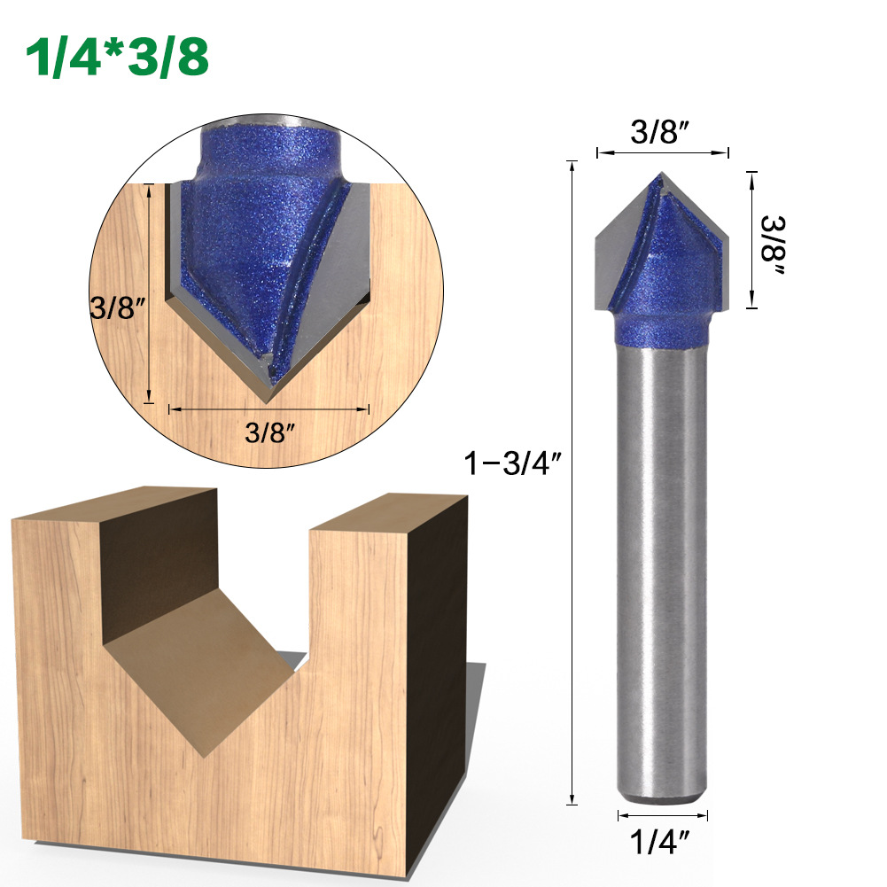 Combo 4 mũi soi gỗ, Mũi phay gỗ phay rãnh V 90 độ, cốt 6.35mm