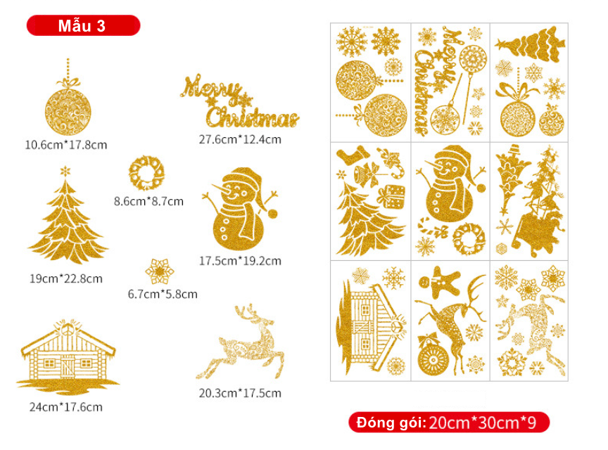 Decal Trang Trí Noel Hai Mặt Hít Tĩnh Điện - PHỤ KIỆN NOEL KIM TUYẾN NHIỀU MẪU