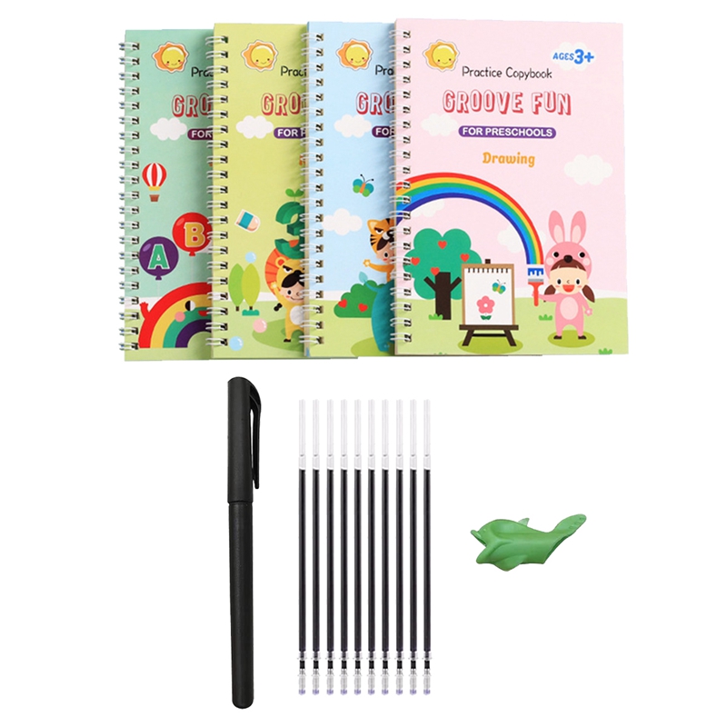 4pcs Grooved Handwriting Book Practice, Magic Copybook For Kidsgroovd Kids  Writing With Auto Disappear Ink Pen