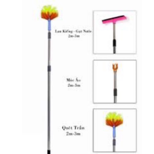 Gậy quét mạng nhện 3 mét 3 chức năng : treo quần áo, lau kính có thể thu gọn(2 chức năng)
