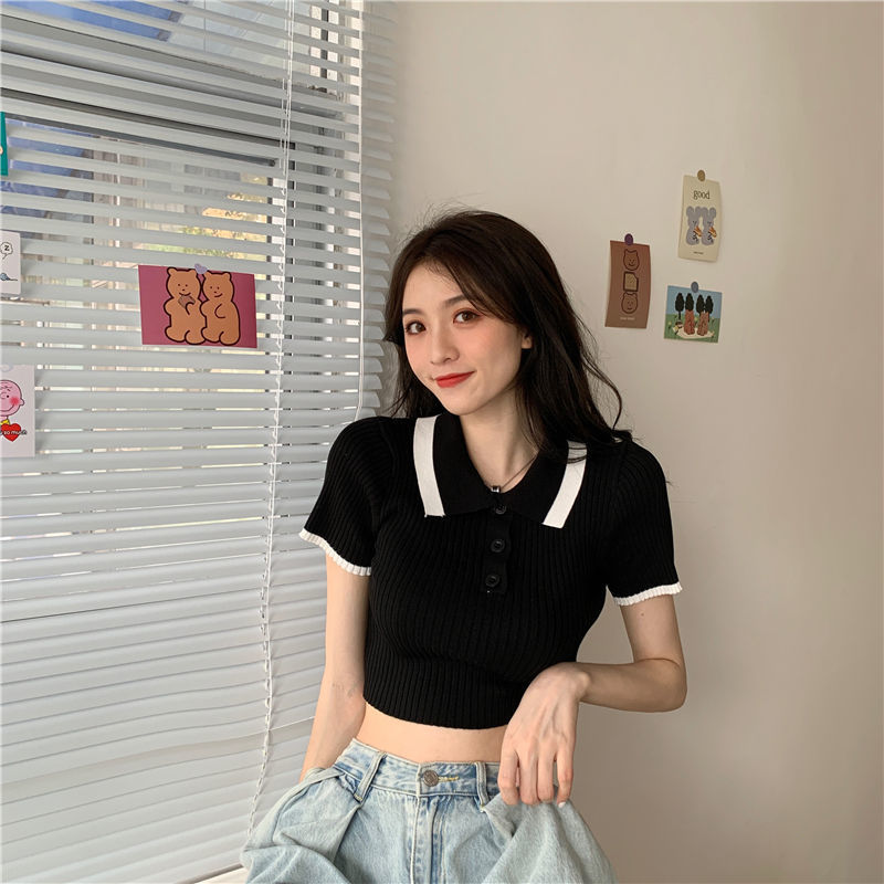Áo gân cổ bẻ croptop 2 màu siêu chất TTSLA0332