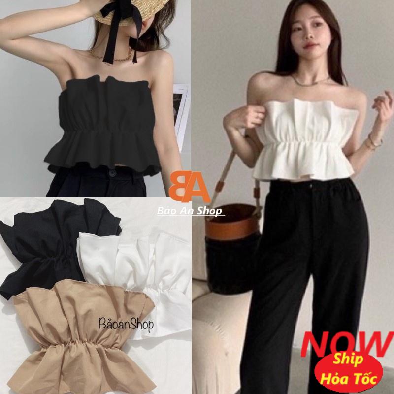 Áo ống kiểu bèo nhún eo (có mút ngực) , áo croptop nữ