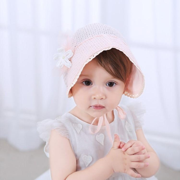 Mũ bonnet cotton đục lỗ đính hoa cho bé MB003