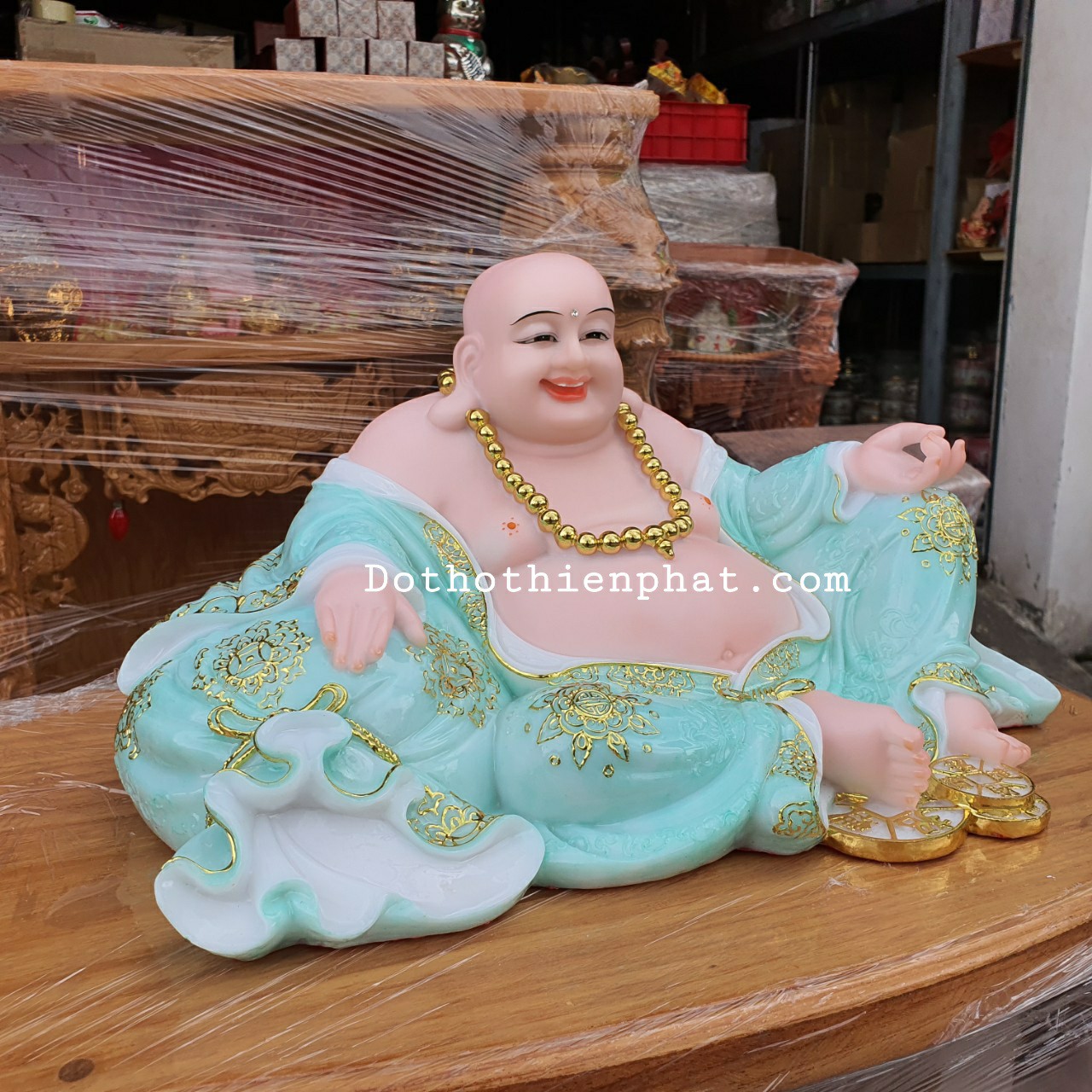 Tượng phật di lặc đá 12in ngang 27 cm màu xanh rất đẹp