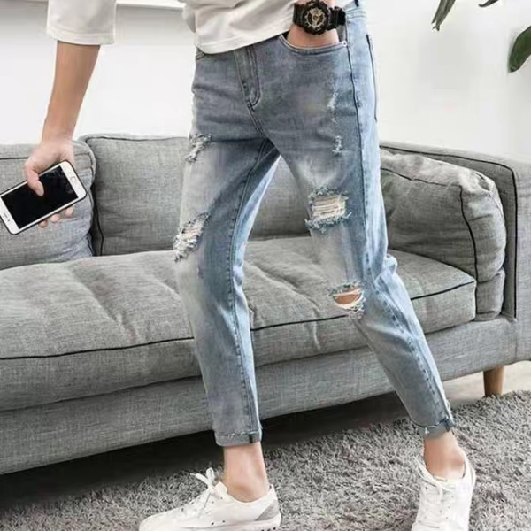 Quần dài jean nam ống côn co giãn body rách gối cao cấp 2222