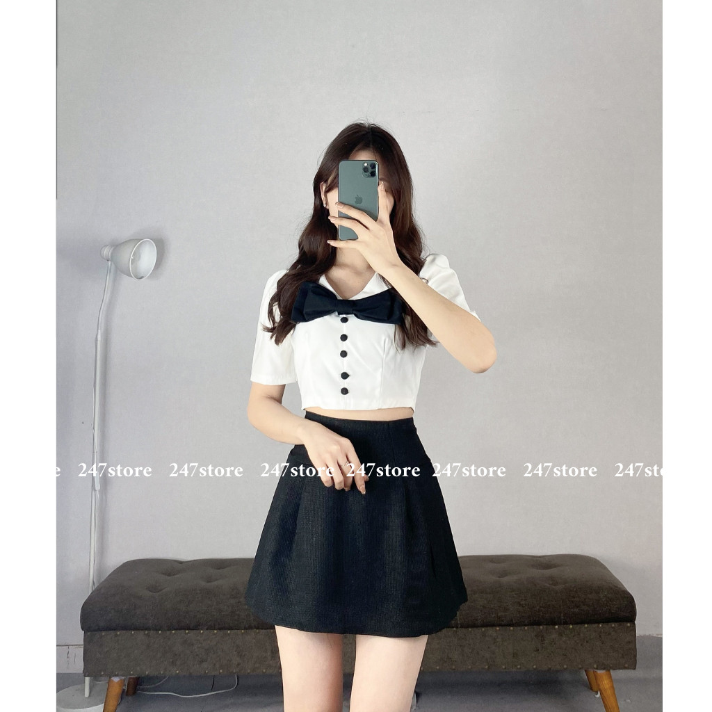 Sét áo cổ nơ chân váy xoè - 247StoreFashion - Setaoconocv6822