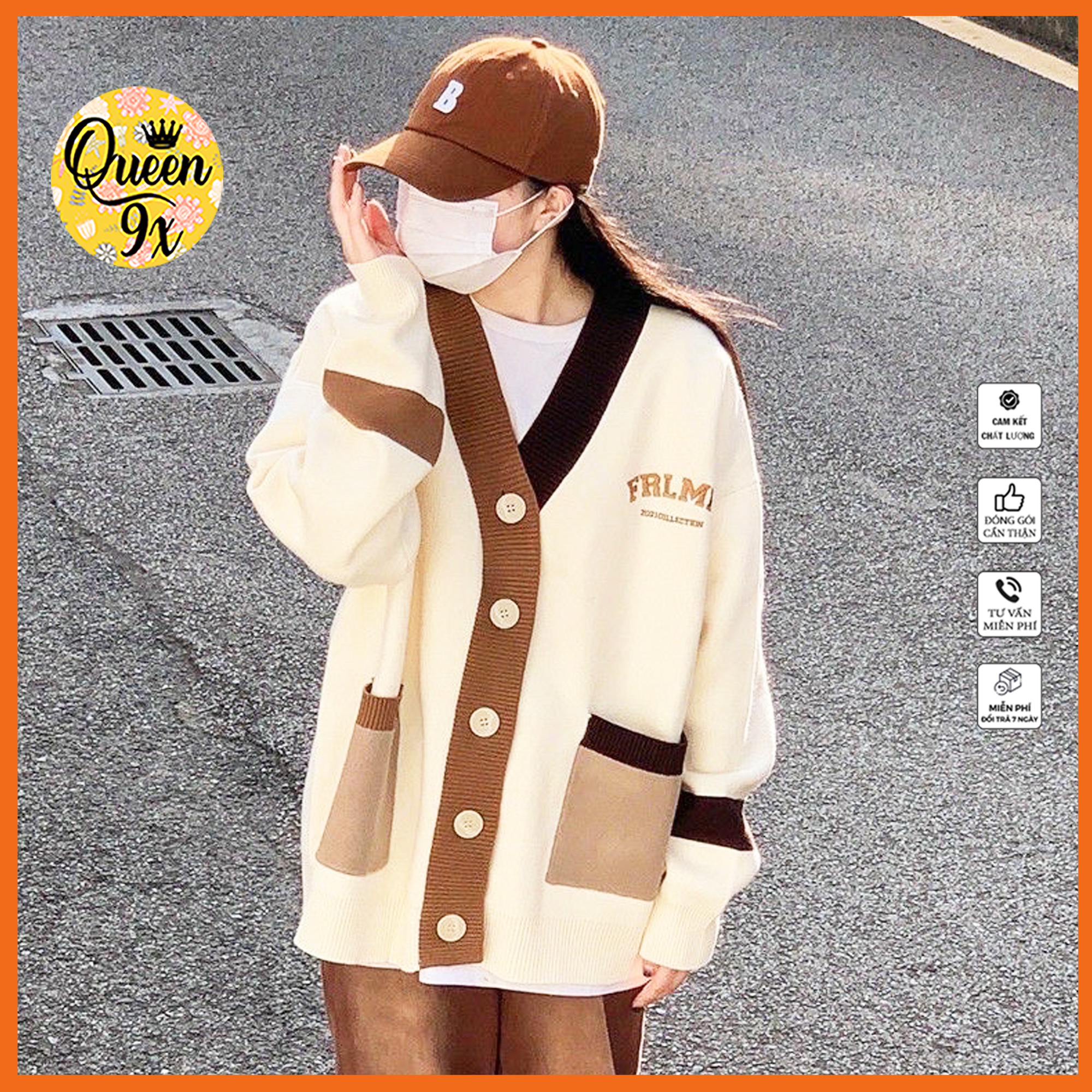 Áo Khoác Cardigan Viền Xanh Nâu FRMLK Form Rộng Basic