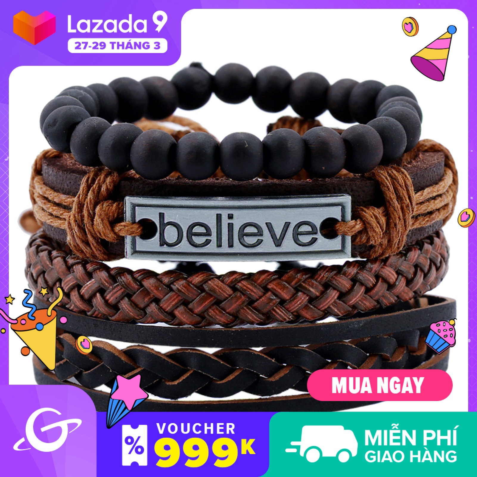 4Pcs Believe Cowhide Alloy Rope Braided Beaded Adjustable Men Bracelet Set Gift