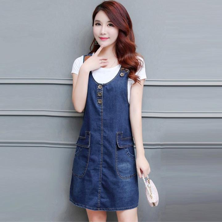 [HCM]Đầm Yếm Jean Nữ Phối Da Nút Ngực Duyên Dáng
