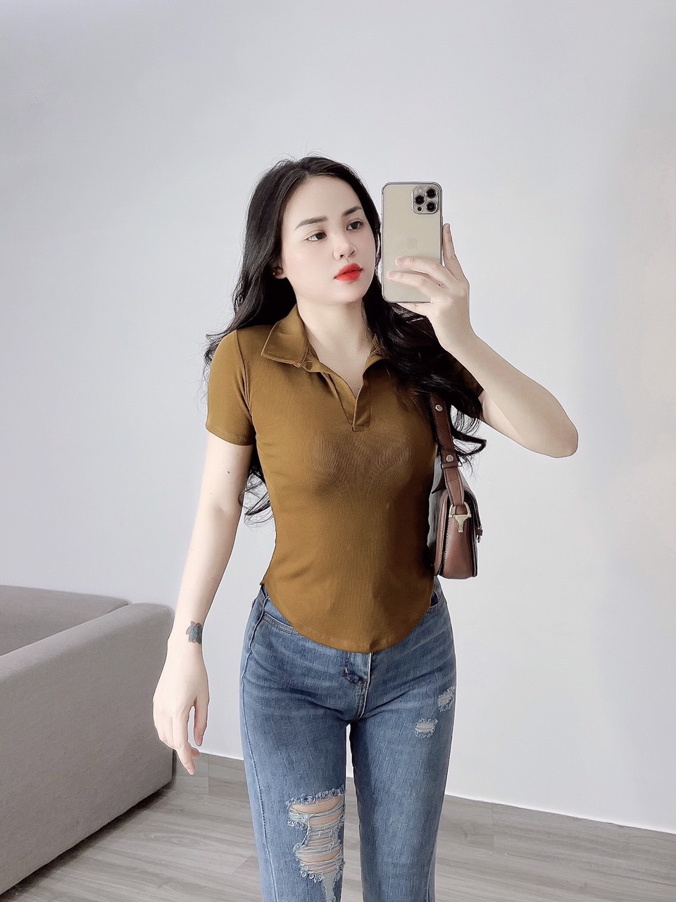 Áo thun polo nữ thun gân vạt bầu cổ bẻ