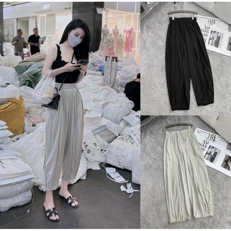 Quần baggy nữ hè buộc nơ eo vải cạp chun cạp cao ống rộng, quần bom dập ly thoáng mát-XMTĐ-mã 231