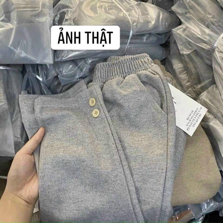 Quần baggy nữ chất dạ cạp chun đính cúc đôi trẻ trung