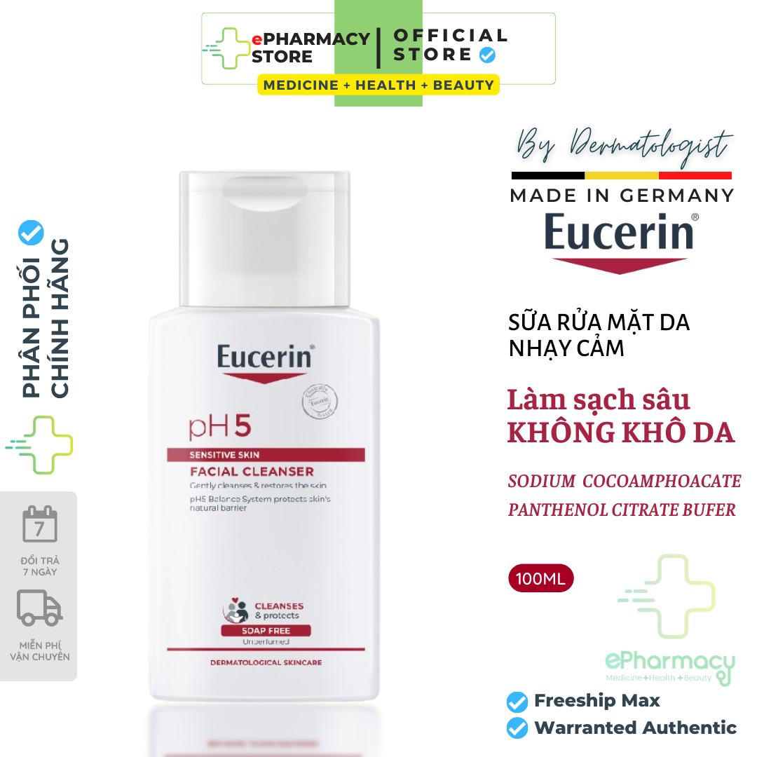 Sữa Rửa Mặt Cho Da Nhạy Cảm Eucerin pH5 Facial Cleanser Sensitive Skin làm sạch sâu 100ml