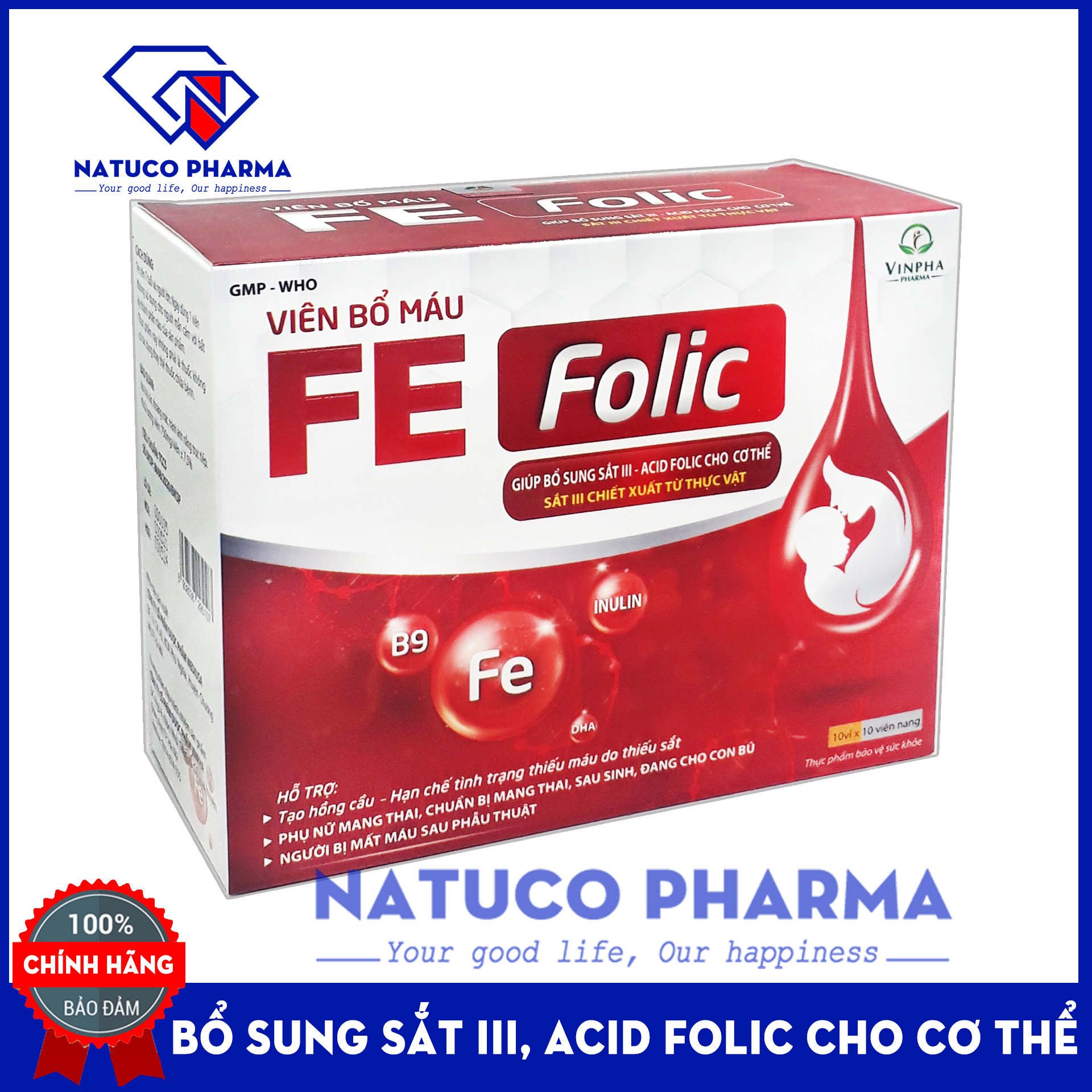 Viên uống bổ sung Sắt, Acid Folic FE FOLIC Hộp 100 Viên chuẩn GMP Bộ Y tế